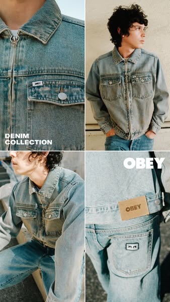 The ad is a four-paneled image showcasing the Obey Denim Collection. It features close-up shots of the denim jacket and 