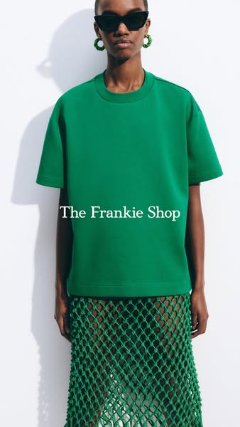 This ad features a person wearing clothing from The Frankie Shop, showcasing a green shirt and a green net skirt.