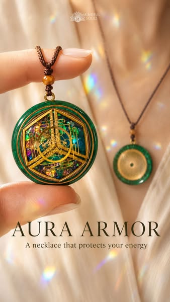 This image ad displays two necklaces from Mindful Souls, one held in a hand, with the caption "Aura Armor. A neckla
