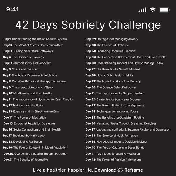 This ad promotes the Reframe app by presenting a '42 Days Sobriety Challenge' displayed as a list of daily actio