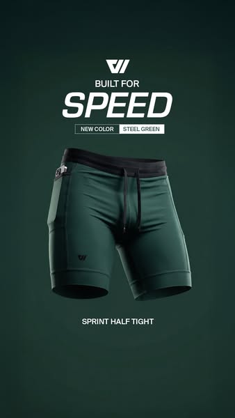 This ad features a pair of athletic compression shorts in 'steel green,' emphasizing their design for speed and 