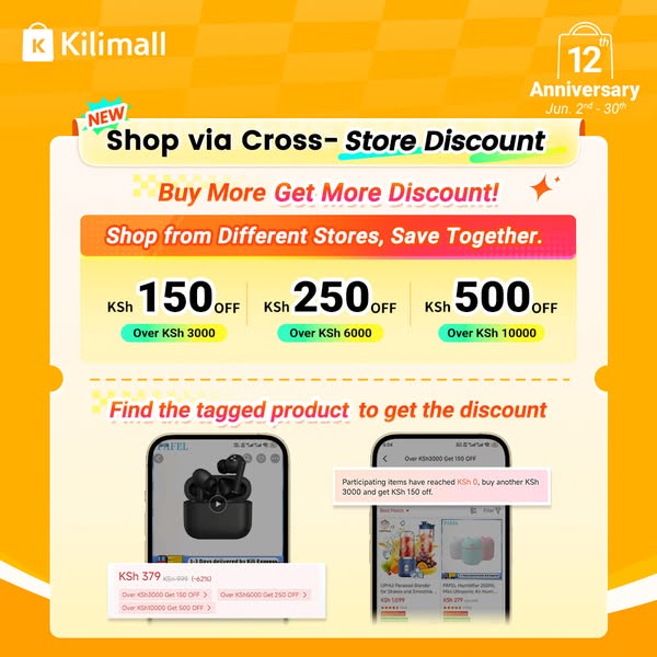 This is a promotional ad from Kilimall, highlighting their cross-store discount program where customers can get discount