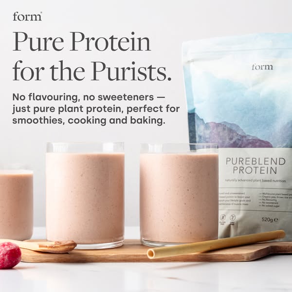 This image ad showcases the Form Pureblend Protein. It is positioned as a pure, plant-based protein option suitable for 