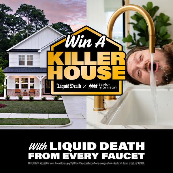 This image ad for Liquid Death features a split image. On the left is a house with a lawn, and on the right is a man dri