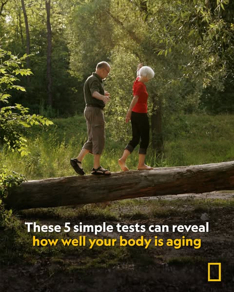 An ad by National Geographic presents 5 simple tests to reveal how well your body is aging. Two people are shown walking