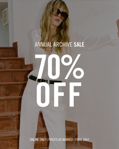 The ad promotes an annual archive sale, offering 70% off. It features a model in the brand's clothing and emphasizes