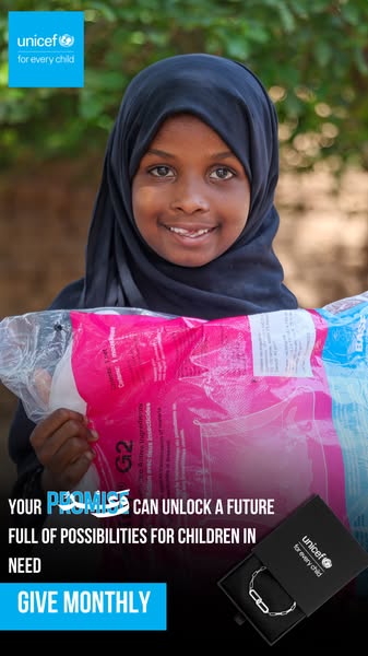 This image ad for UNICEF features a young girl holding a package of supplies, aiming to encourage viewers to donate mont