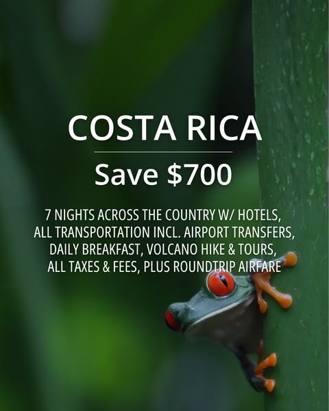 This image ad promotes a trip to Costa Rica. It includes roundtrip airfare, hotel, tours, breakfast, and transportation 