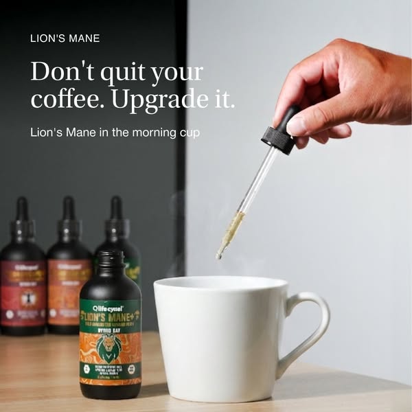 This ad promotes Lion's Mane mushroom extract as a supplement for coffee, suggesting it as a way to upgrade the beve