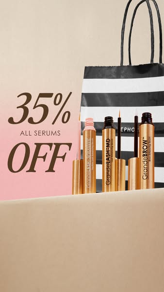 This image ad promotes GrandeLash and GrandeBrow serums, advertising a 35% off sale on all serums at Sephora.
