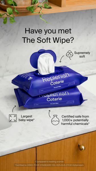 This ad is for Coterie's Replenish baby wipes. The image focuses on highlighting the wipes' softness, size, and 