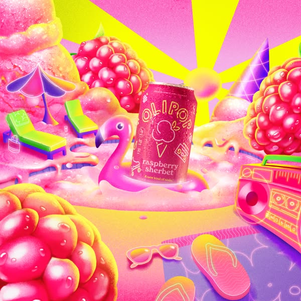 This ad promotes Olipop's Raspberry Sherbet soda flavor. The ad features a brightly-colored cartoon beach scene with