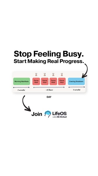This ad promotes LifeOS with Ali Abdaal. The ad visualizes a system to structure your day into focus blocks, with small 