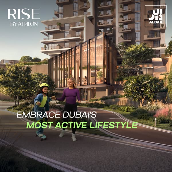 This ad showcases a new real estate development in Dubai, emphasizing an active lifestyle. It features an image of a mot