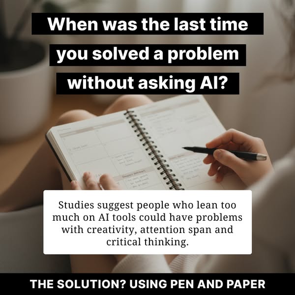 The ad presents a common reliance on AI tools for problem-solving, then offers pen and paper as the solution.