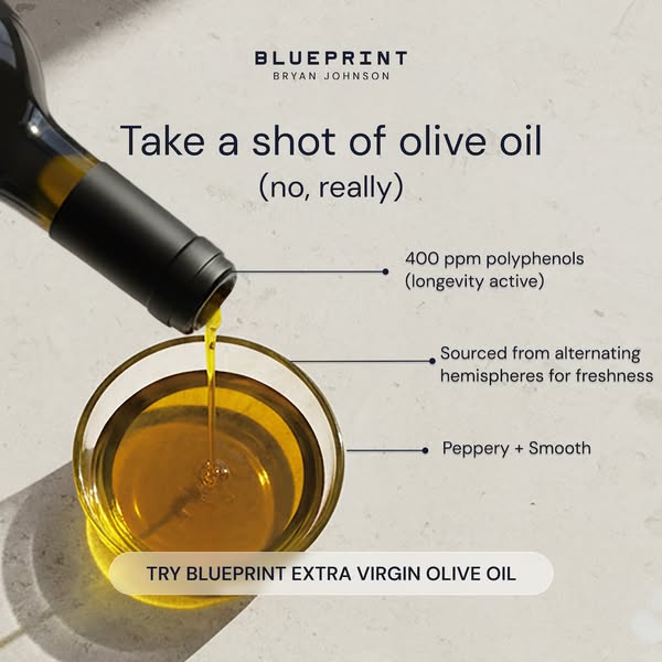 The ad features a bottle of Blueprint Extra Virgin Olive Oil being poured into a glass bowl.  Text highlights that it ha