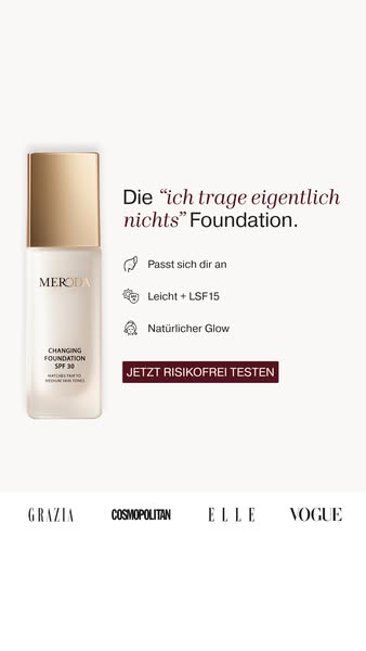 This image ad showcases Meroda's Changing Foundation SPF 30, emphasizing its lightweight feel and natural glow finis