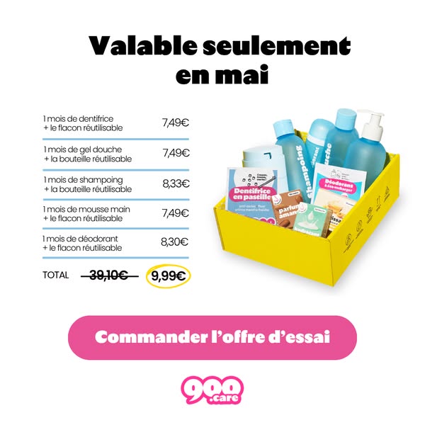 This ad promotes a package containing one month's worth of various 900.care personal care products, including toothp