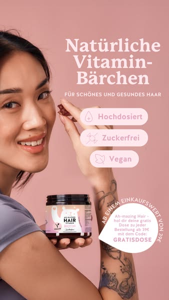 This ad promotes hair vitamin gummies using a close-up shot of a woman alongside product information. The gummies are hi