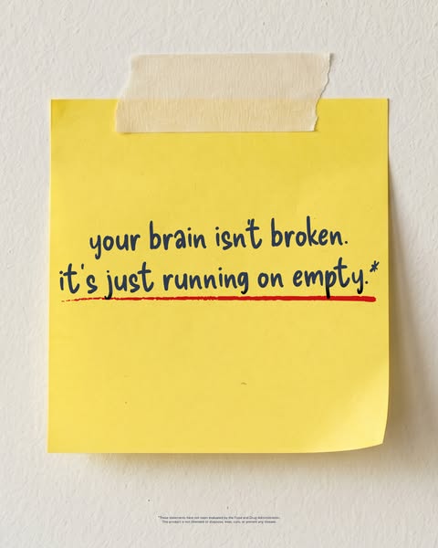 This ad uses a sticky note to deliver the message that the customer's brain isn't broken, just running on empty.