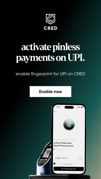 This ad promotes the CRED app, highlighting the ability to make pinless payments on UPI using fingerprint authentication