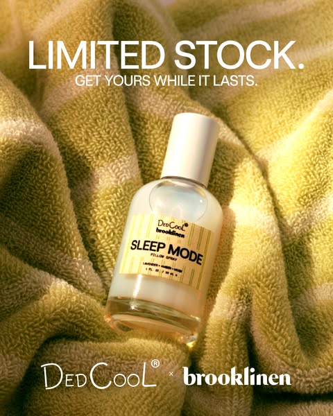 This ad features a collaborative pillow spray product from DedCool and Brooklinen. It uses a muted, soft aesthetic with 