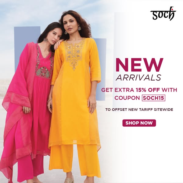 An image ad showcasing two women wearing different colored Soch brand outfits: one in pink and the other in yellow. It h