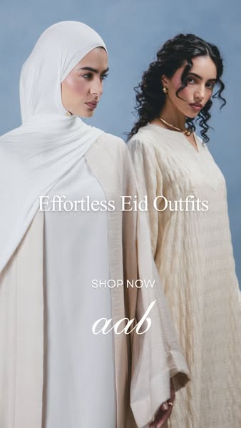 This image ad for AAB clothing features two women modeling outfits ideal for Eid, highlighting effortless style and ease