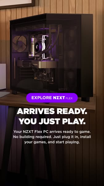 This image ad showcases the NZXT Flex PC, emphasizing its ready-to-play nature, eliminating the need for assembly, and p