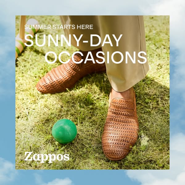 This ad by Zappos features a close up shot of brown woven shoes on green grass with a person wearing tan pants and adver