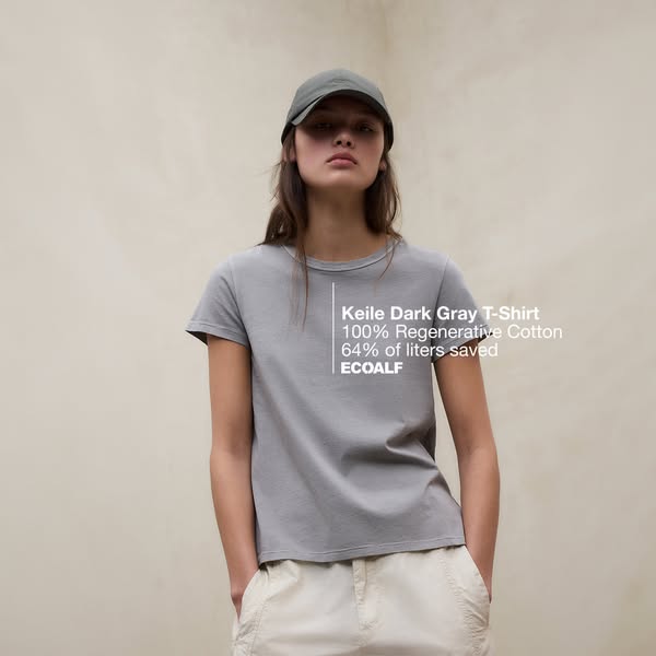 This ad promotes Ecoalf's Keile Dark Gray T-Shirt. It highlights the shirt's sustainability by pointing out that