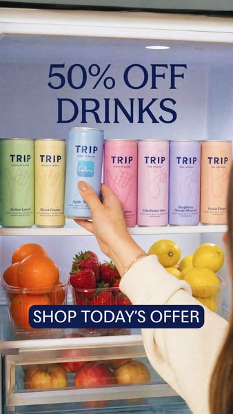 This image ad for TRIP drinks features multiple cans of their mineral blends, set in a refrigerator to promote freshness