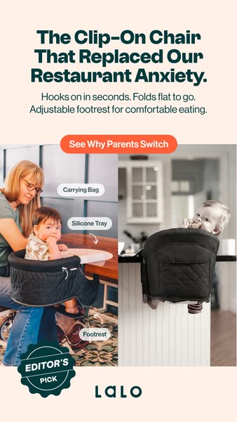 This image ad showcases a clip-on chair designed to replace restaurant anxieties for parents. It highlights the chair