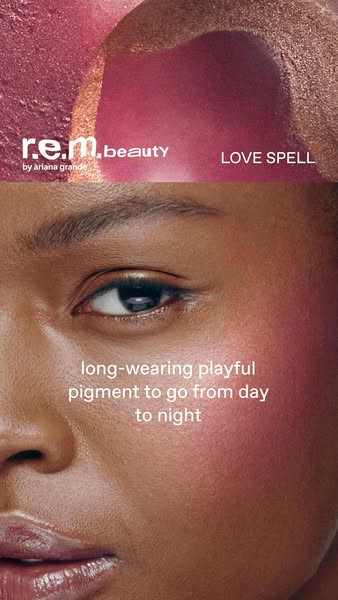 This image ad for r.e.m. beauty showcases their 'Love Spell' pigment, highlighting its long-wearing and playful 