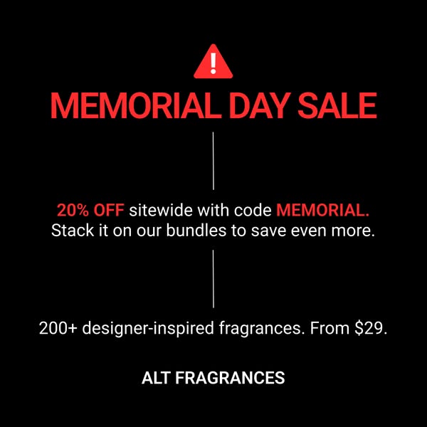 This image ad promotes ALT Fragrances' Memorial Day Sale, offering 20% off sitewide with the code MEMORIAL. The ad a