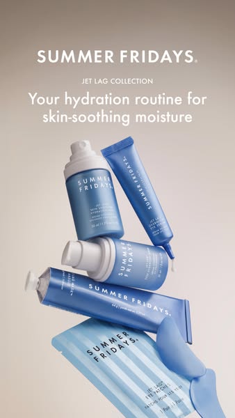 This ad for Summer Fridays' Jet Lag Collection features a product shot of the collection, including a moisturizer, s