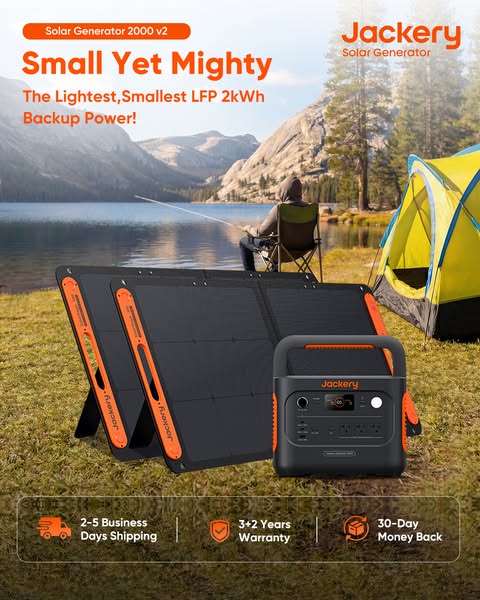 This ad promotes the Jackery Solar Generator 2000 v2 as a small yet mighty source of backup power. It highlights the pro