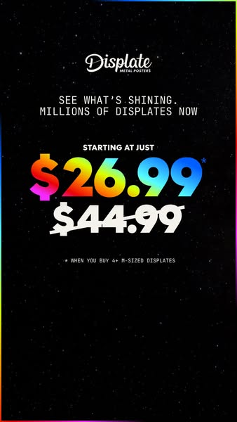 The ad is promoting Displate metal posters. It highlights a sale with prices starting at $26.99 when you buy four or mor