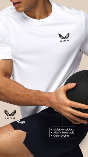 This ad features a close up of a man holding a medicine ball, while wearing athletic clothing from Castore. The ad highl