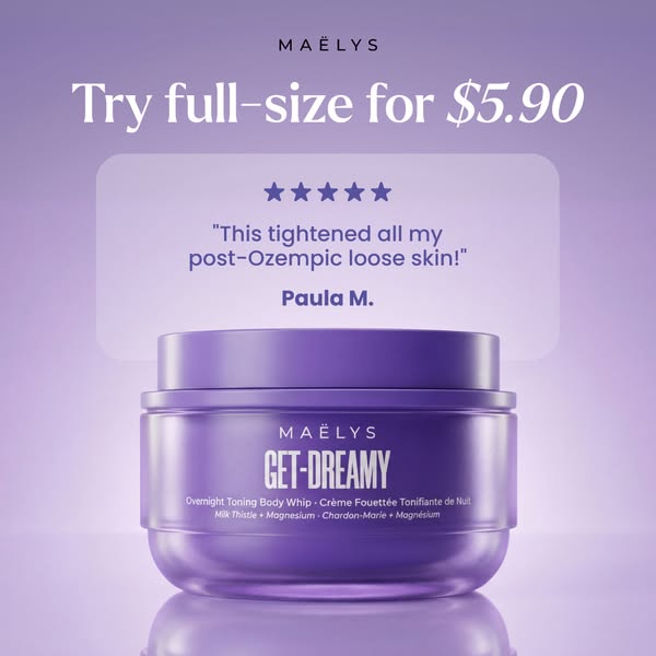 This image ad for MAËLYS promotes GET-DREAMY Overnight Toning Body Whip. It features an image of the product and emphasi