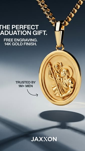 This ad showcases a gold JAXXON pendant necklace as a gift for graduation.