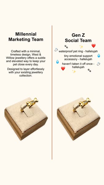 This image ad compares how West & Willow jewellery is marketed to Millennials versus Gen Z. The ad highlights the di