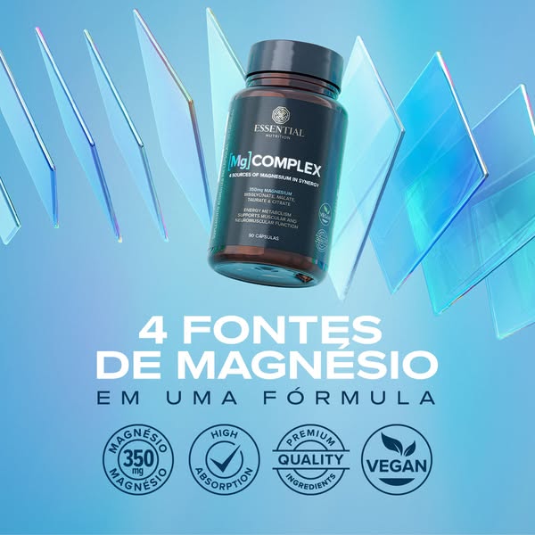The image ad showcases the Essential Nutrition [Mg] Complex supplement, highlighting its four sources of magnesium and b