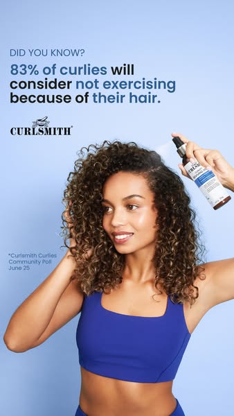 This image ad features Curlsmith's Reviving Scalp Mist and highlights the statistic that 83% of curlies will conside