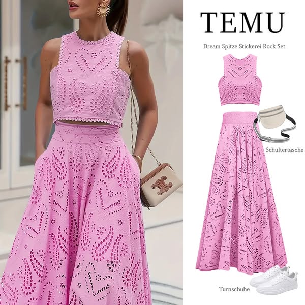 This ad showcases a pink, two-piece skirt set from TEMU. The ad features a model wearing the outfit and a separate image