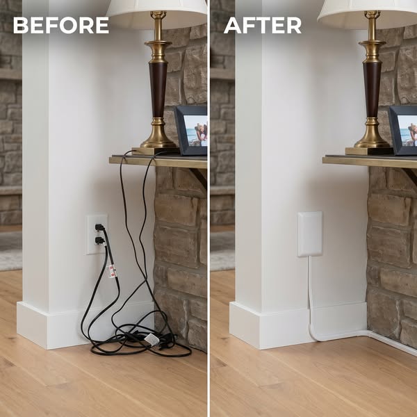 The image ad uses a before and after format to demonstrate how the featured product neatly organizes and hides unsightly