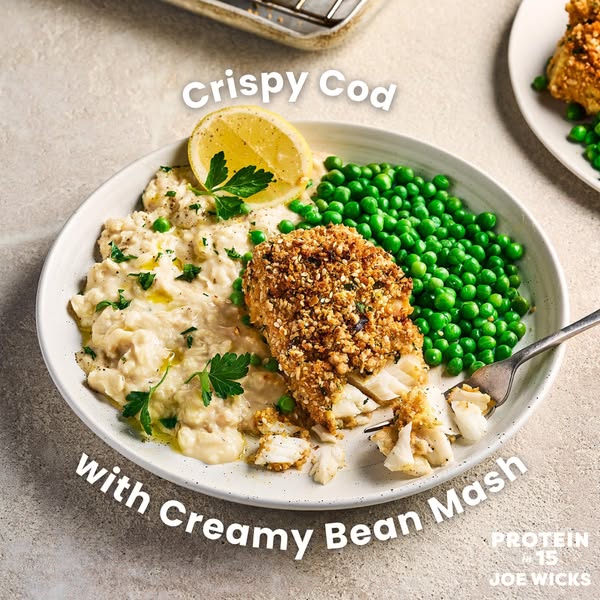 The image ad features a plated meal of crispy cod with creamy bean mash and green peas. The text highlights the dish'