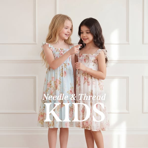 This image ad for Needle & Thread Kids features two young girls wearing floral dresses and uses a bright and airy ae