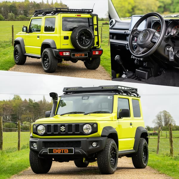 This ad showcases a customized Suzuki Jimny SUV, highlighting both its exterior and interior features. The vehicle is pr