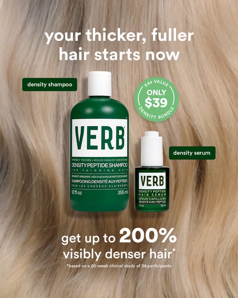 This ad is for Verb Density Peptide Shampoo and Hair Serum. The ad promotes the products as a bundle for $39, a discount